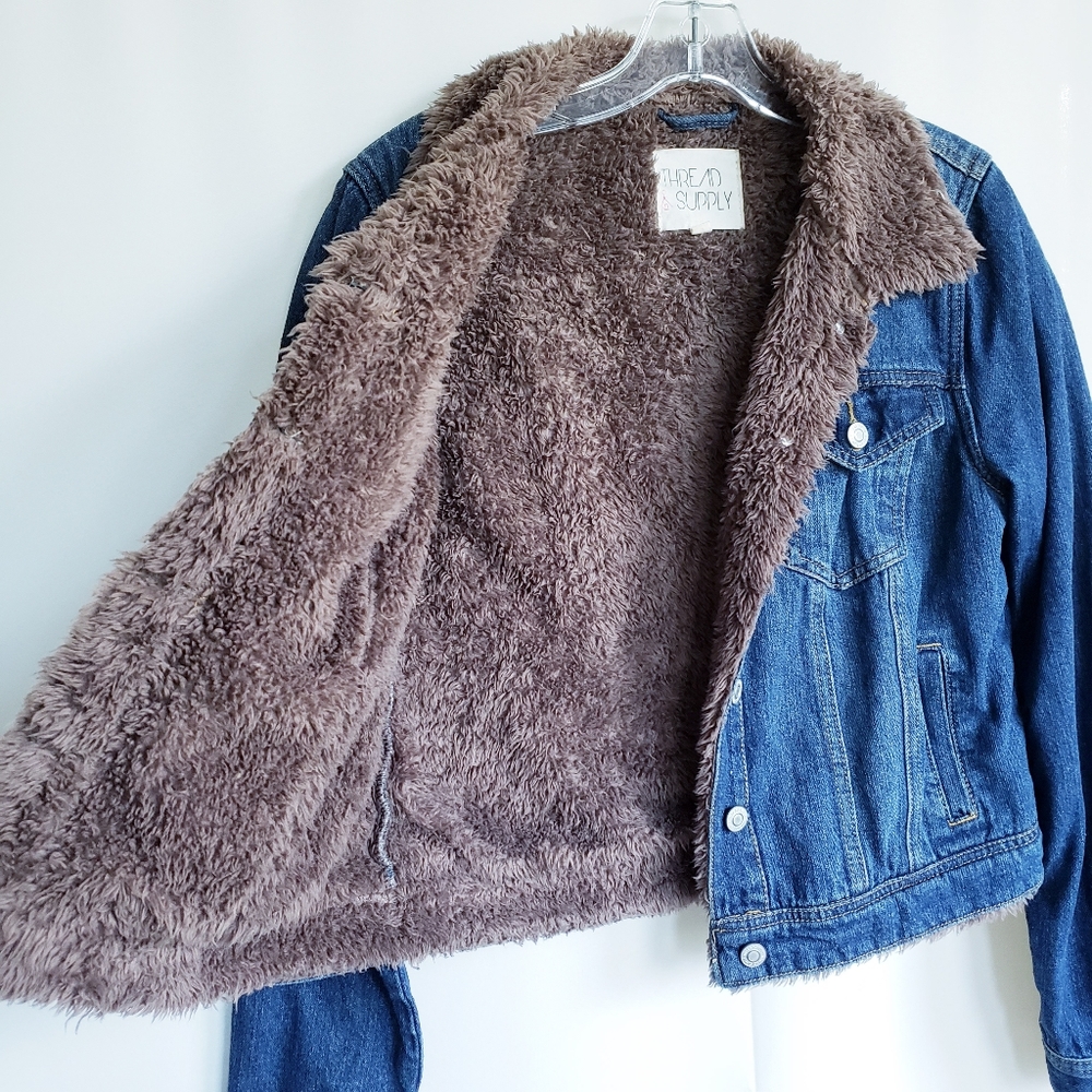 Thread & Supply short blue denim jacket brown faux fur *XL